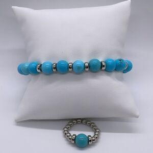 NWT Wool + Pepper Co. Turquoise + Silver Beaded Bracelet + Ring Set